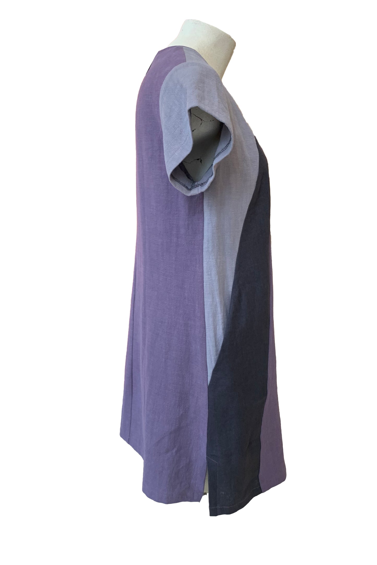 Alicia Tunic by Solomia, Purple/Grey, round neck, short sleeves, colour-blocked, diagonal front seams, pockets, eco-fabric, 100% linen, sizes XS-L, made in Carleton Place