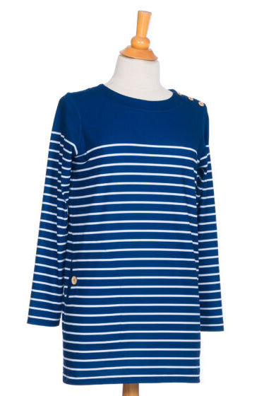 Reno Sweater Tunic by Rien ne se Perd, Navy & White, striped, boat neck, three buttons at the shoulder, pocket with coconut button, long sleeves, sizes XS to XXL, made in Quebec