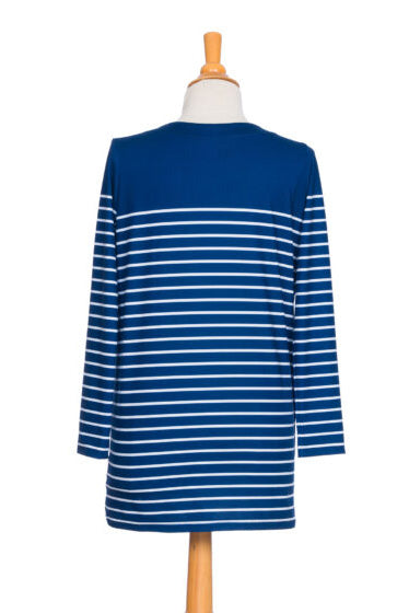 Reno Sweater Tunic by Rien ne se Perd, Navy & White, back view, striped, boat neck, three buttons at the shoulder, pocket with coconut button, long sleeves, sizes XS to XXL, made in Quebec