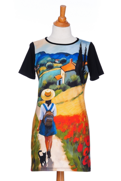 The Negroni Tunic by RNSP, featuring a Tuscan landscape print and contrasting short black sleeves, is shown on a mannequin against a white background. 