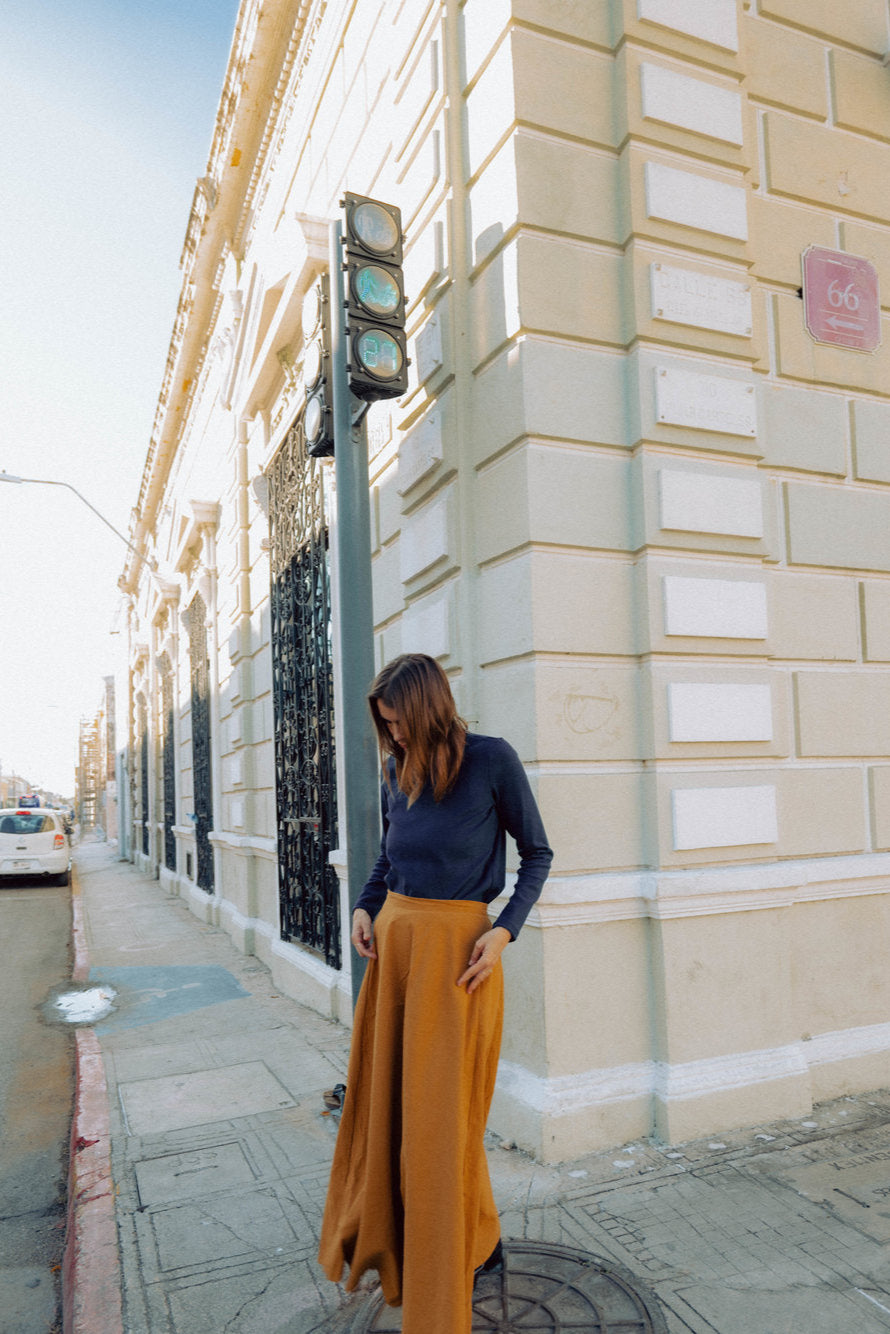 A woman wearing the Whistler Long Sleeve Top in Blueberry, a ribbed cotton knit with a round neck and straight cut. She is wearing it with a  brown skirt and standing against a light-colored building.
