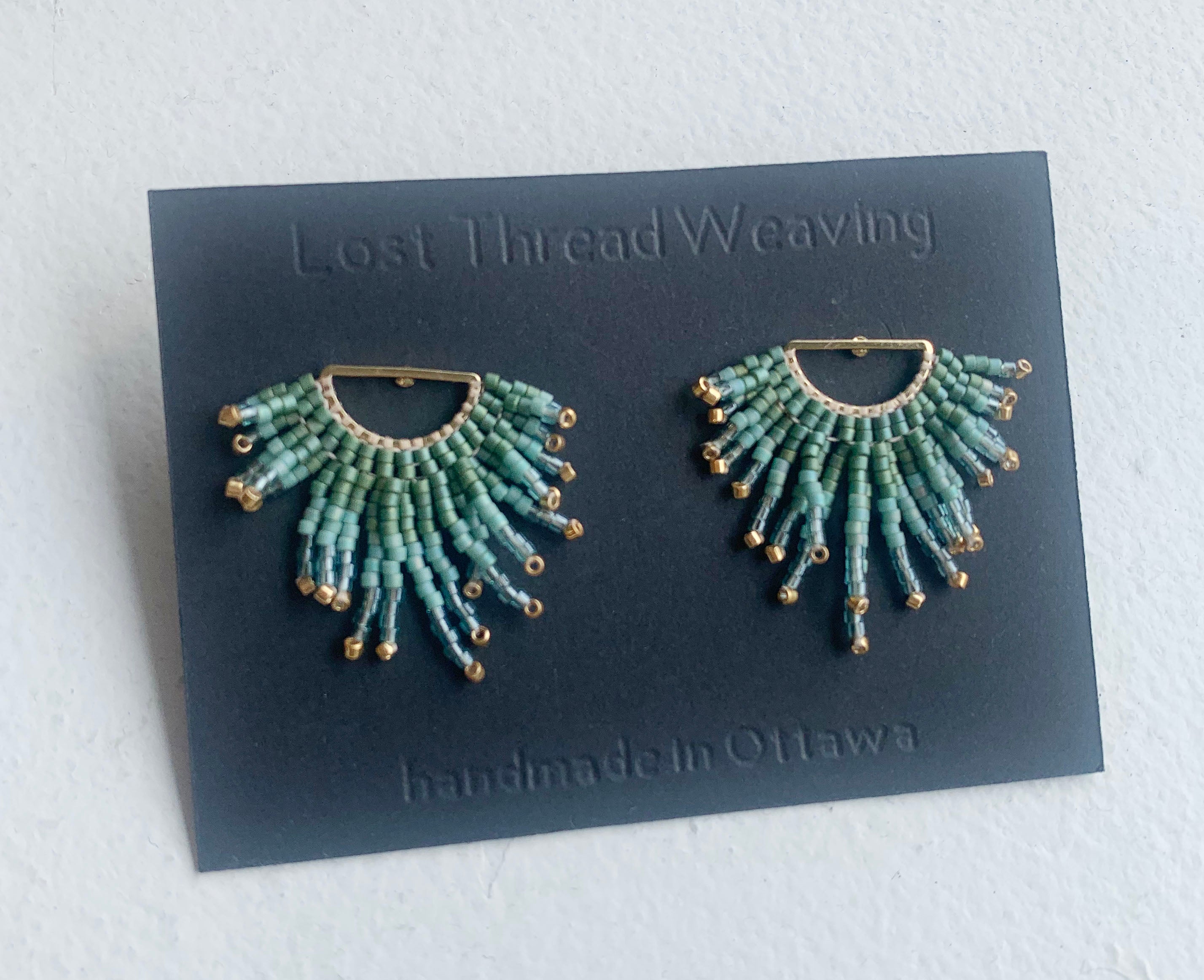 Zelda deals Fringe Earrings - Muted green ombré pattern starburst fringe, semicircle stud earrings, hand beads woven