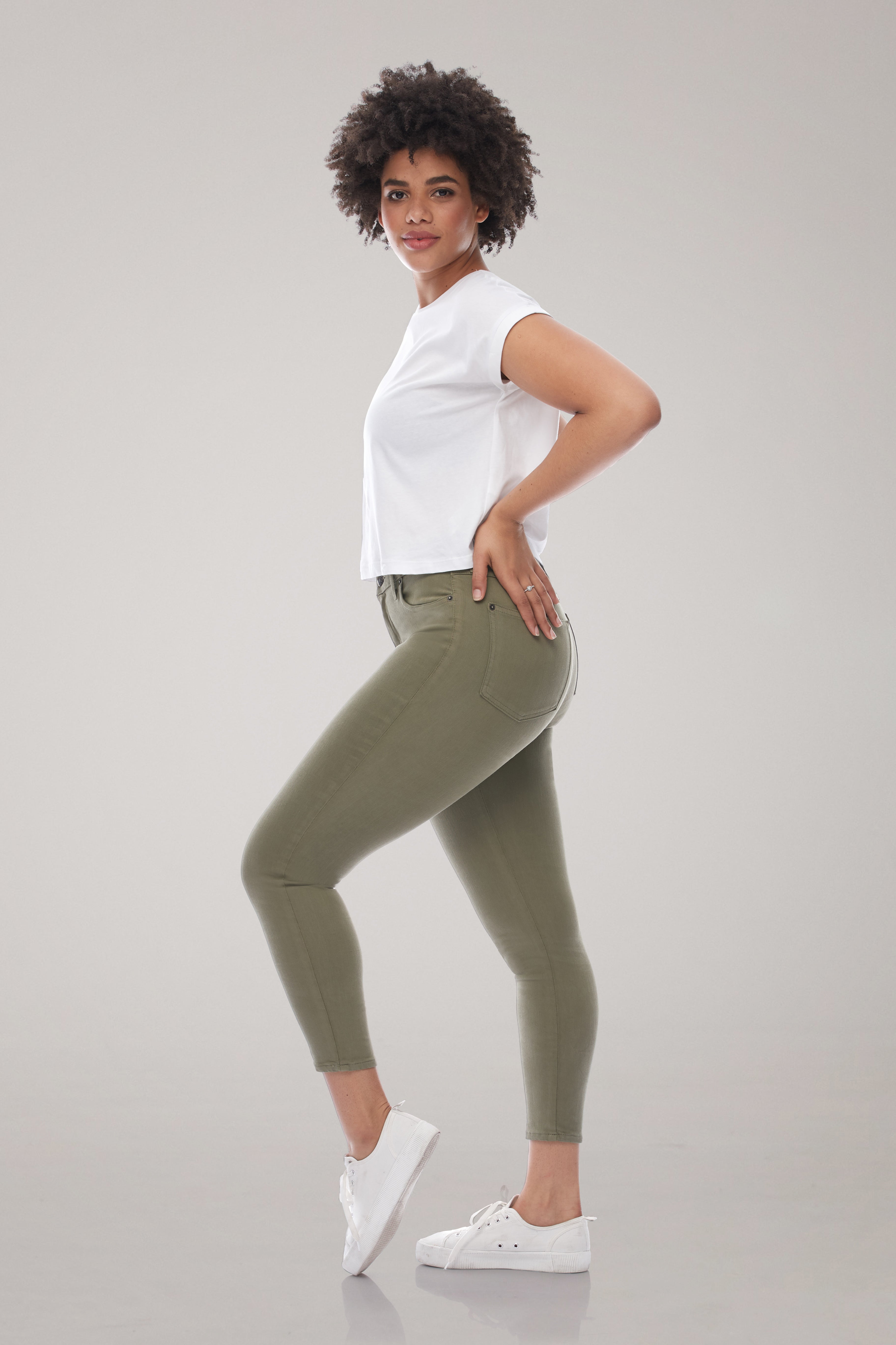 Rachel Classic Rise Skinny Ankle Yoga Jean, side view, Desert Road, 27 inch inseam, sizes 24-34, made in Canada