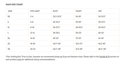 Betty x Bow Size Chart