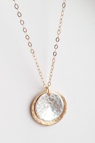 Double Disc Necklace by Katye Landry, 14k Goldfill disc, Sterling Silver disc, 14k Goldfill cable chain, made in Ottawa