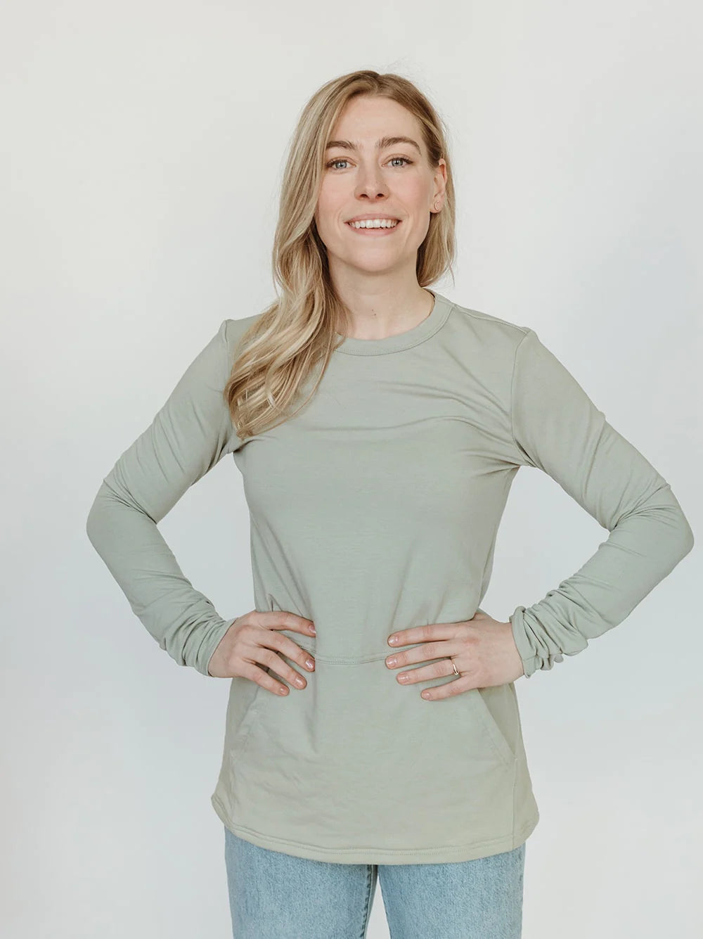 Hillside Sweater by Blondie, light sage, kangaroo pocket, contoured hemline, extra long sleeves, eco-fabric, bamboo rayon, cotton, sizes XS to XL, made in Toronto