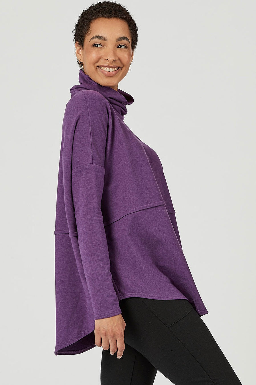 Abigail Turtleneck by Advika, Amethyst, tunic, rounded hem, stitching at waist, sizes S-XXL, made in Canada