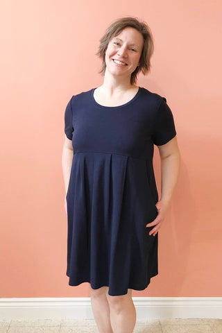 Julie Dress by Pure Essence, Navy,  baby-doll style, round neck, vertical pleats across the front, pockets, above the knee, eco-fabric, bamboo rayon, cotton, sizes XS to XXL, made in Canada