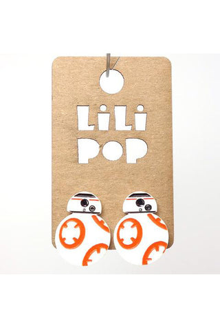 BB-8 Star Wars Earrings by Creations Lilipop, reclaimed white plastic, engraved, laser-cut, orange and black paint-fill, stainless steel posts and backings, made in Montreal