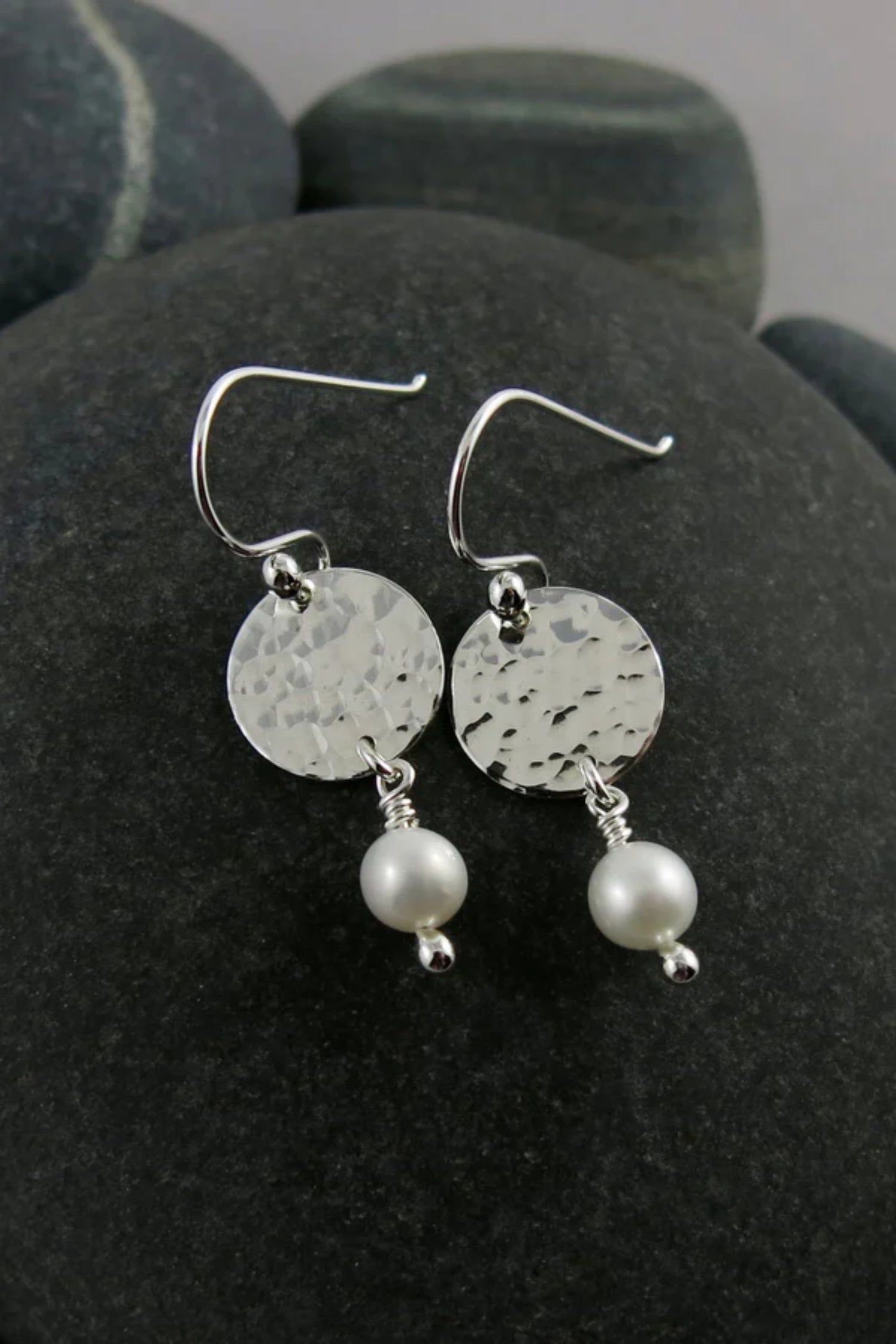 Pearl Moondrop Earrings - White freshwater pearls and sterling silver by Mikel Grant, made in Sechelt BC 