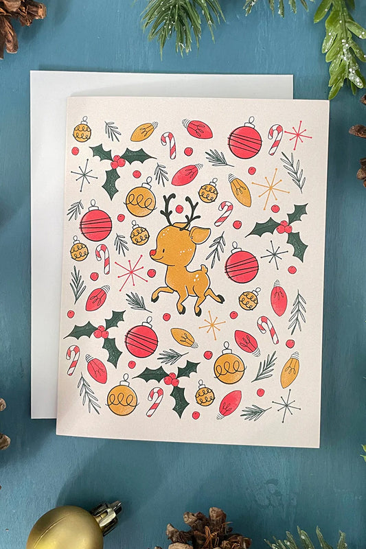 Midcentury Reindeer and Ornaments Christmas Card