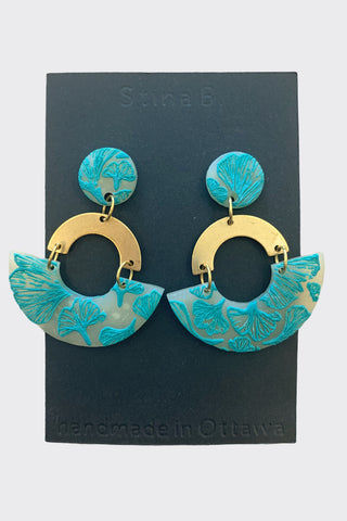 Raw Brass  Mutlicolour Polymer Clay transparent and teal gingko  circle Earrings