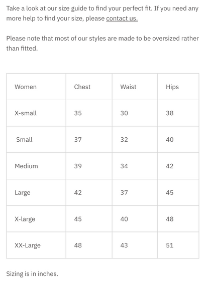 MAS Size Chart