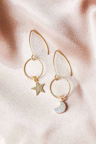 Vintage Glory 22, Stella Moon & Star Gold Hoop Drops Earrings, Opalescent.