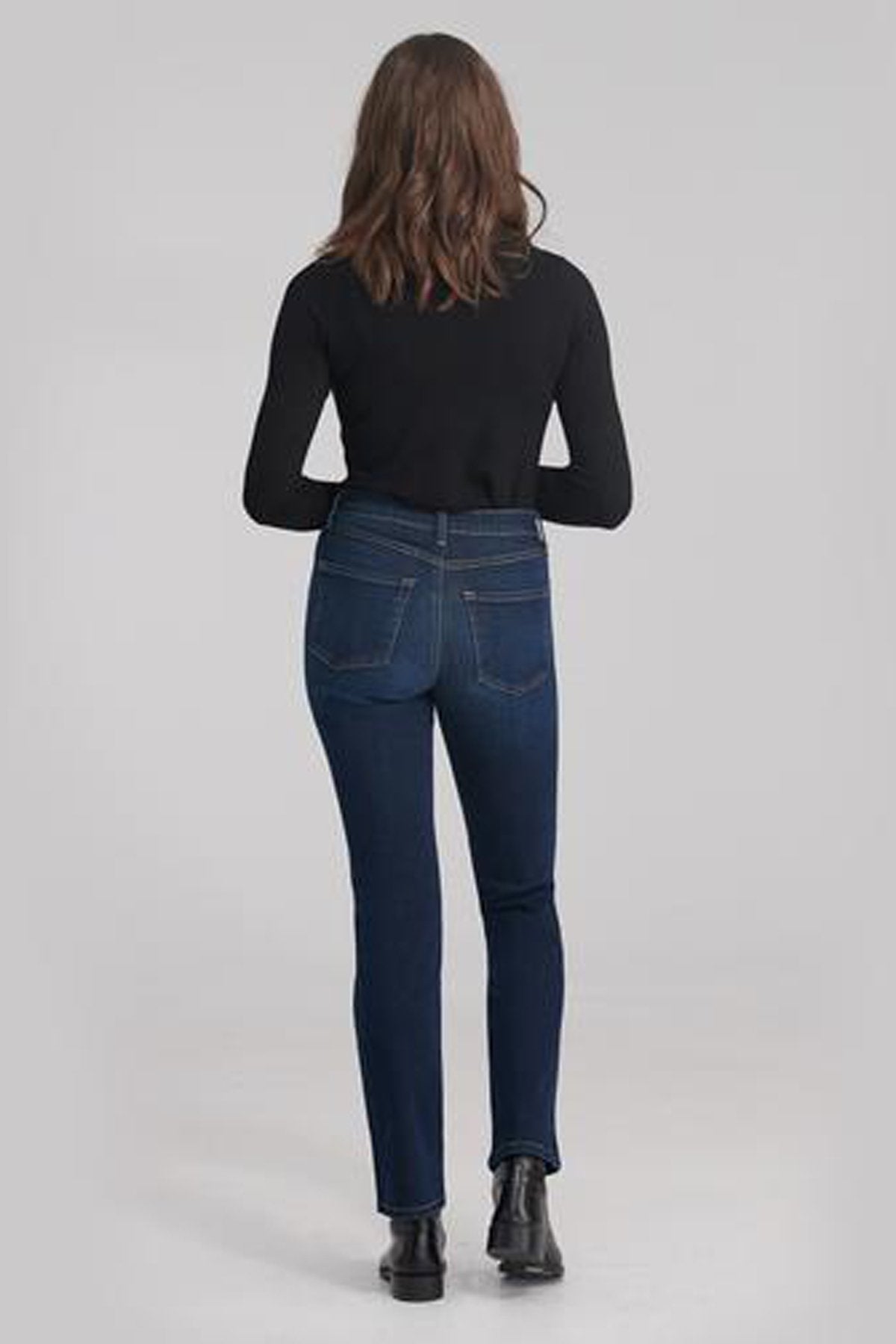 Classic Rise Straight Yoga Jean, Namaste, back view, classic rise waist, straight cut, 32 inch inseam, sizes 24-34, made in Canada