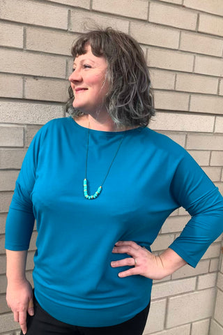 Ella 3/4 Sleeve - Viscose top by Studio D, Teal, front view, boatneck, 3/4 sleeve, Dolman sleeve, sizes XS to XL, made in Ottawa