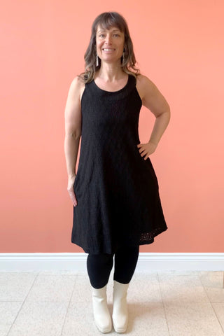 Liz Dress by Pure Essence, Black, lace dress, solid lining, tank style, A-line shape, sizes XS to XXL, made in Canada