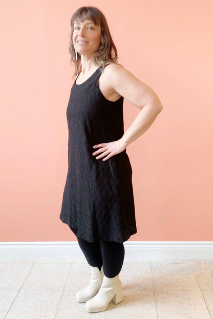 Liz Dress by Pure Essence, Black, lace dress, solid lining, tank style, A-line shape, sizes XS to XXL, made in Canada