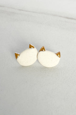 White Porcelain Cat Studs with Gold
