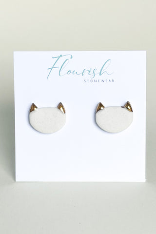 White Porcelain Cat Studs with Gold