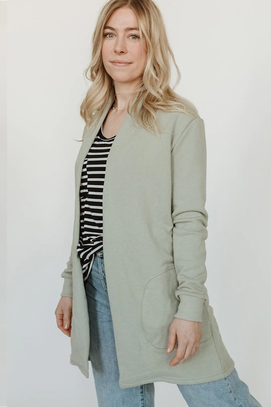 Classic Briton Cardigan by Blondie, Light Sage, open front, long sleeves, pockets, long length, sizes XS to XL, made in Toronto