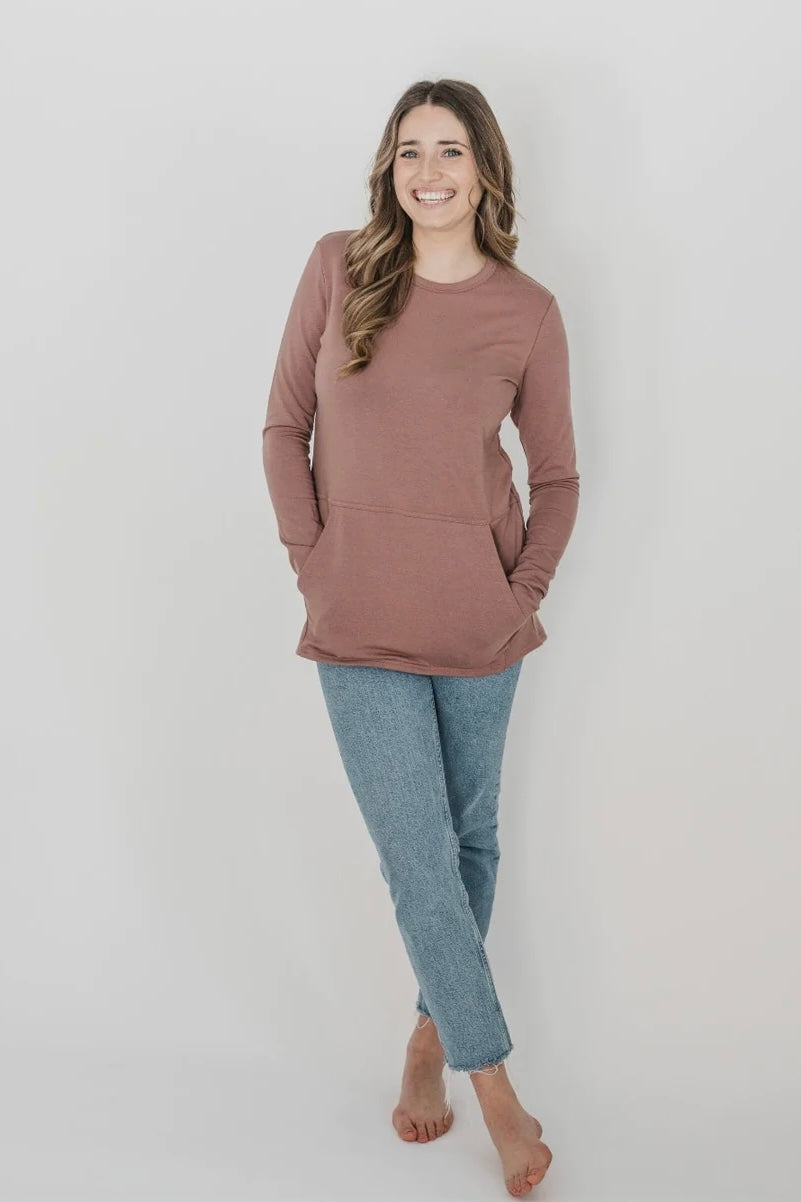 Hillside Sweater by Blondie, Mauve, kangaroo pocket, contoured hemline, extra long sleeves, eco-fabric, bamboo rayon, cotton, sizes XS to XL, made in Toronto