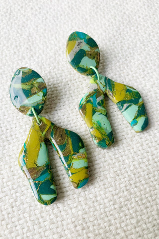 Green Gold faux stone look polymer clay earrings