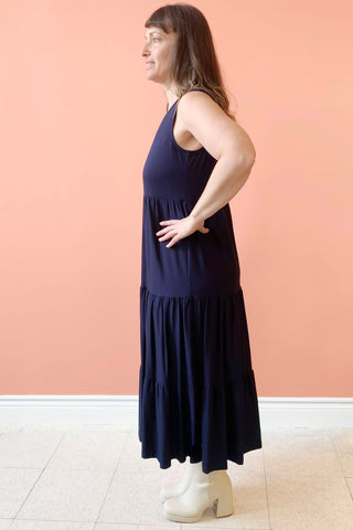 Grace Dress by Pure Essence, Navy, side view, V-neck, long tiered skirt, eco-fabric, bamboo rayon, sizes XS to XXL, made in Canada