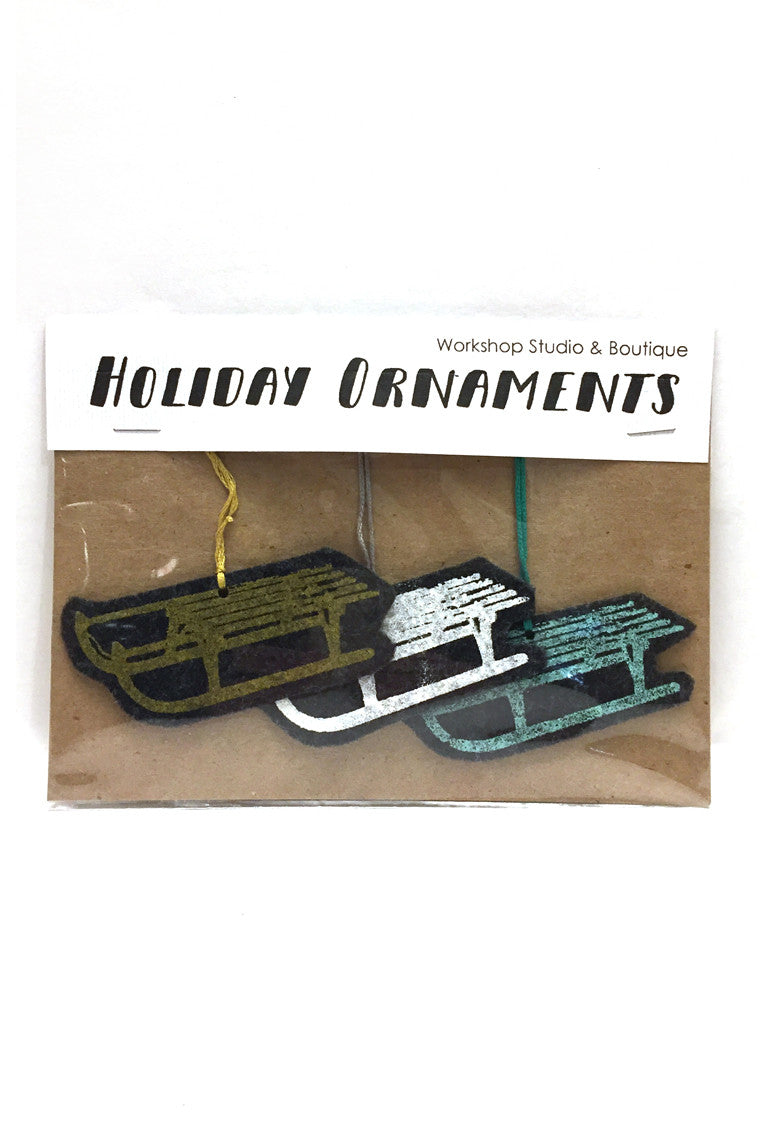 Workshop handmade silkscreen ornament sets, 3 sleds. made in Ottawa Canada
