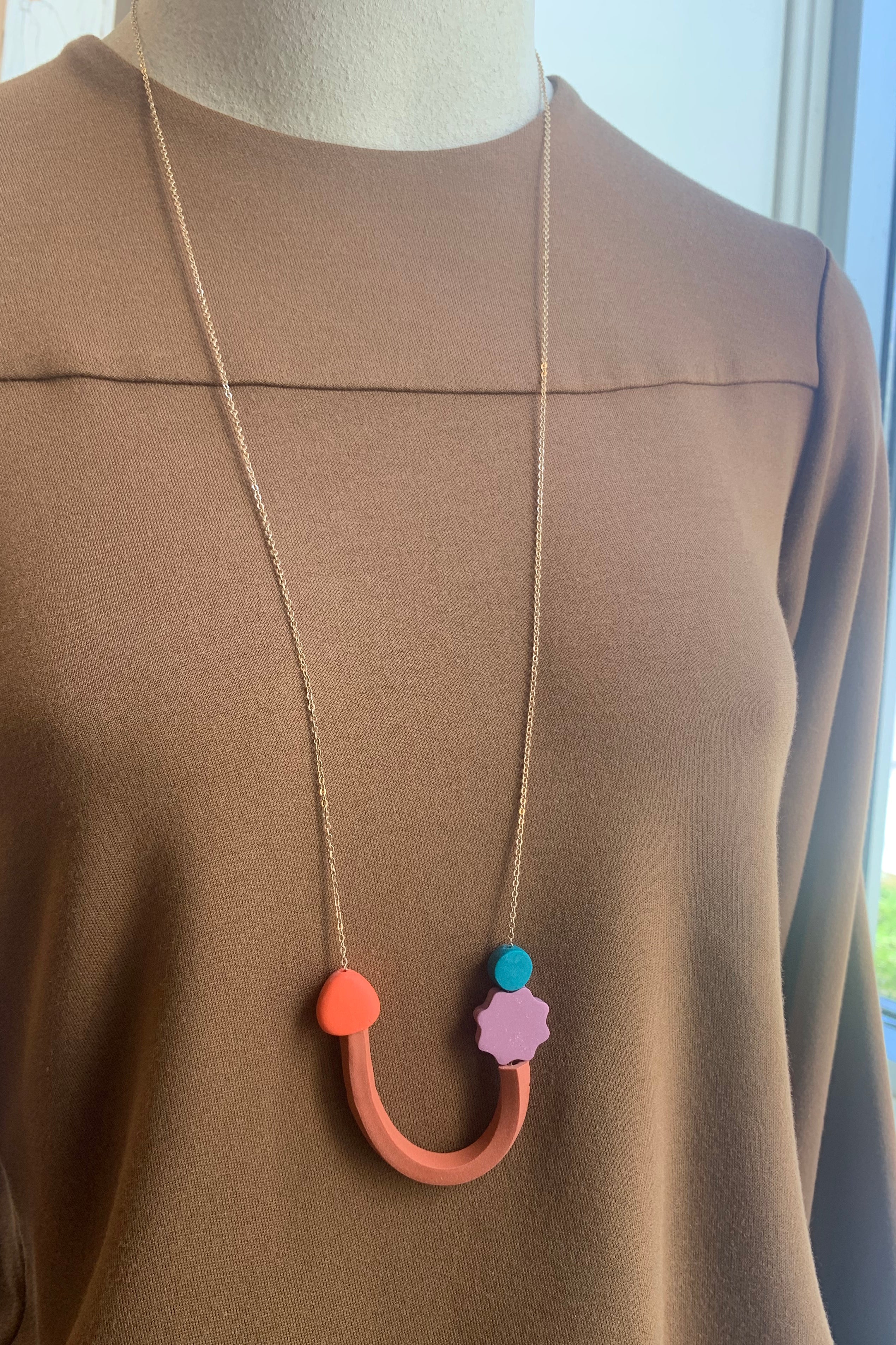 Terracotta U Necklace with Peacock, Lilac and Mandarin Polymer Clay Beads